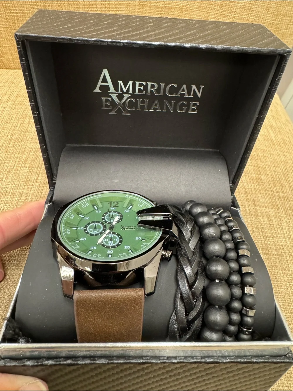 American Exchange Men's Wristwatch & Bracelet Set Green Dial Brown Leather Strap